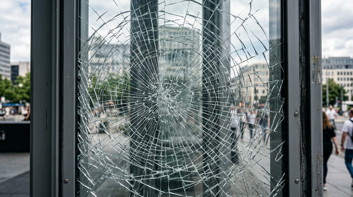 Как защитить окна от взрывной волны и дронов: руководство 2 Разбитое стекло, которое удерживается бронепленкой